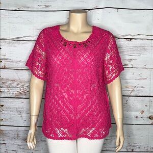 Alfred Dunner Woman NWT Size 1X Pink Crochet Lace Embellished Sweater Top